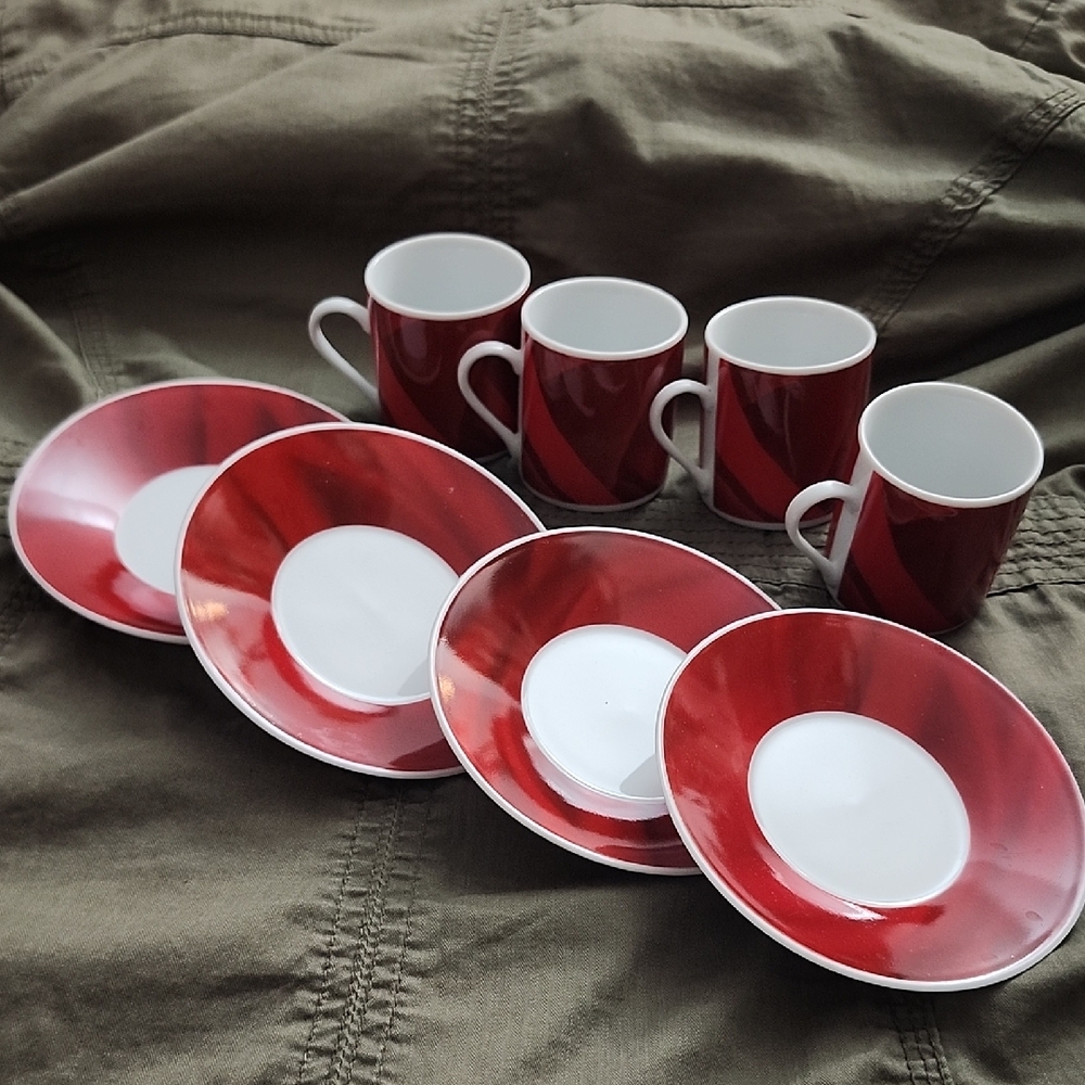 🔥Espresso Red and White Mug and Saucer Set, Rose Design, 8 Pces By Tindex